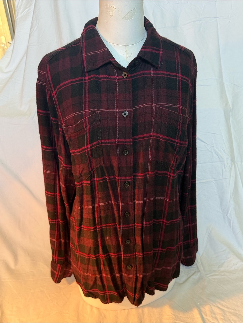 LOGG-Women's Burgundy & Black Plaid Button-Down Shirt Size 10